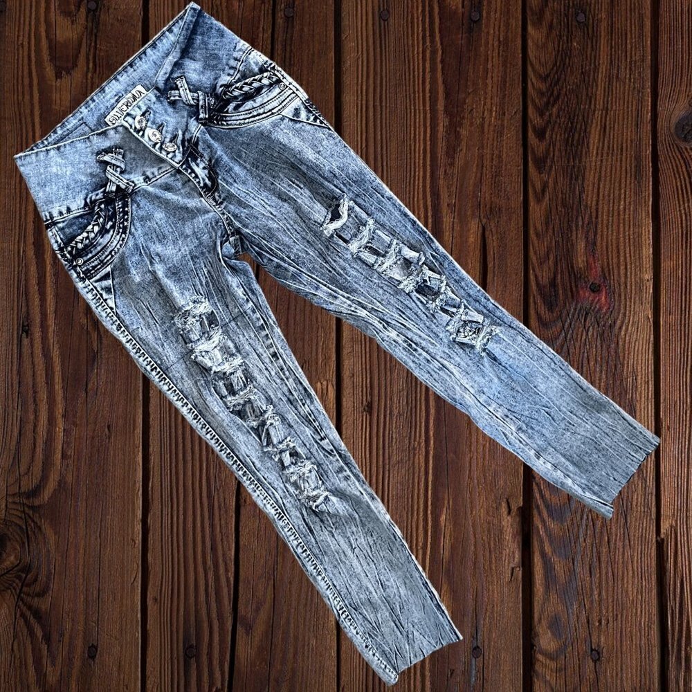 SILVER DIVA Distressed Stretch Denim Jeans Bling Rhinestone Braid Juniors 5